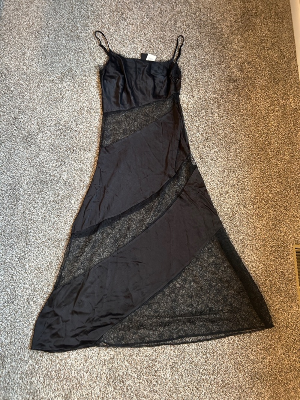 NWT Ahiri Genevieve Black Maxi Slip Dress with Lace Insets